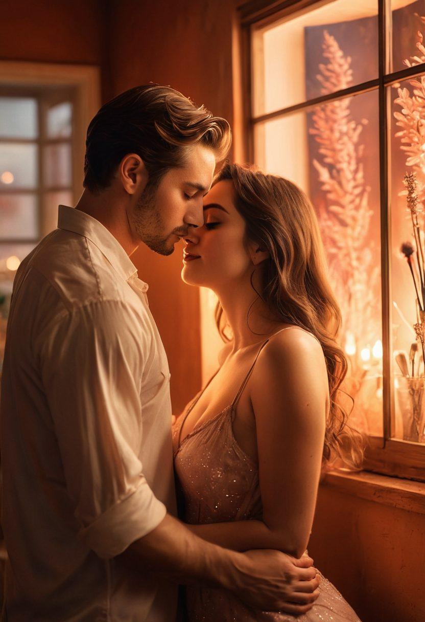 A captivating scene depicting a couple sharing a tender moment in an ambient setting filled with soft, warm lights that create a cozy atmosphere. Elements of artistry like paintbrushes, canvases, and sensual art pieces subtly surround them, symbolizing the connection between intimacy and creativity. Expression on their faces should convey desire and passion, enhancing the theme of exploration in adult entertainment. The background should have pastel colors with hints of deeper shades to evoke emotion. super-realistic. warm tones. intimate mood.