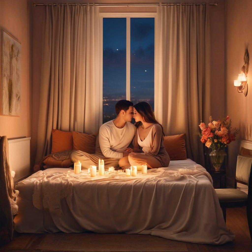 A beautifully intimate scene showcasing a couple in a softly lit room, sharing an affectionate moment, surrounded by symbols of warmth and connection like candles and flowers. The atmosphere should evoke feelings of love, trust, and pleasure, with gentle expressions and tender gestures. The background features soft, flowing curtains and cozy textures to enhance the nurturing environment. Opt for warm, inviting colors. super-realistic. soft lighting. vibrant colors.