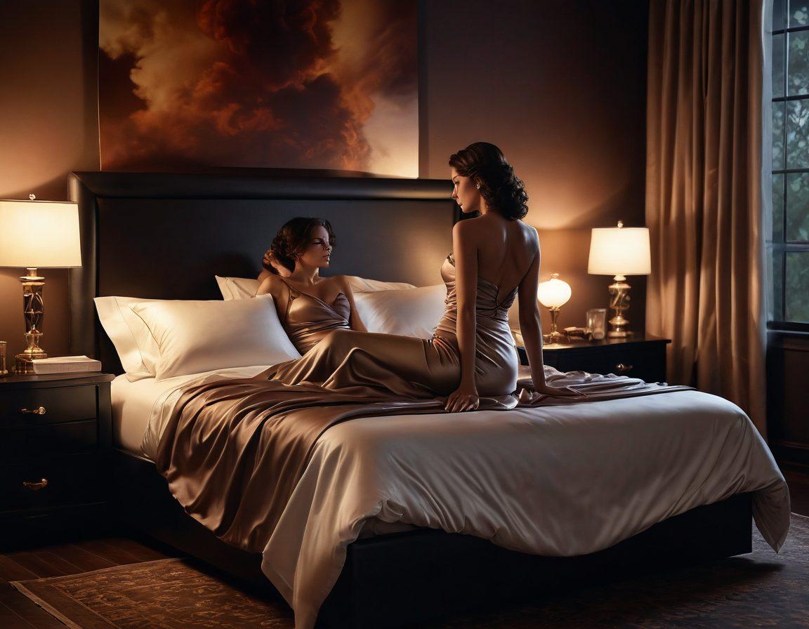 An elegantly styled scene depicting a dimly lit space filled with soft satin sheets, swirling smoke, and sensual silhouettes. Features a montage of subtle sensual expressions, highlighting passion and intimacy in a tasteful manner. Include soft lighting that creates a warm and inviting atmosphere, reflecting the themes of adult films. super-realistic. rich, warm colors. dramatic lighting.